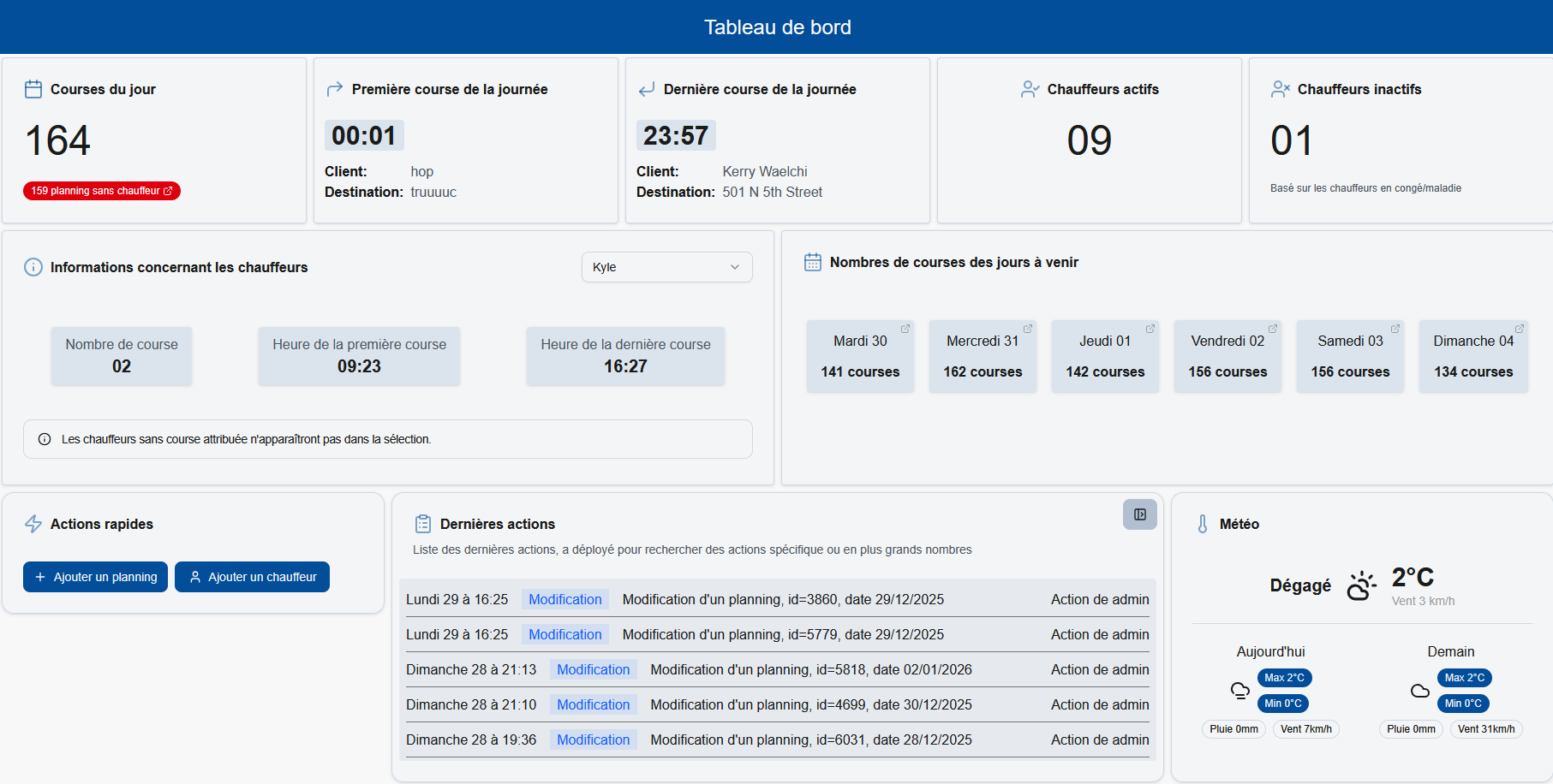 Dashboard OPR-planning : interface de gestion planning taxi avec vue des chauffeurs et affectations